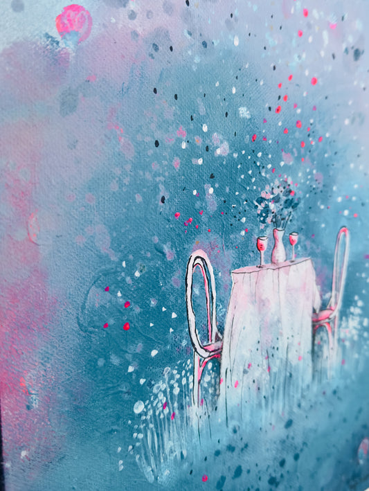 Pöytä kahdelle, canvas-taulu, 24 × 30 cm, akryyli