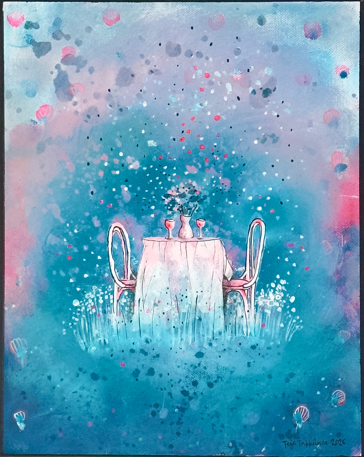 Pöytä kahdelle, canvas-taulu, 24 × 30 cm, akryyli